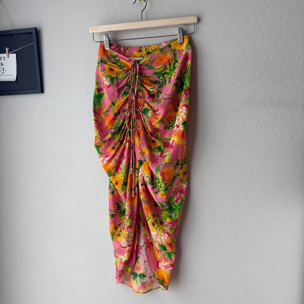 La Fuori Skirt Pink‎ Floral Print Silk Maxi Skirt w Drawstring Ruched